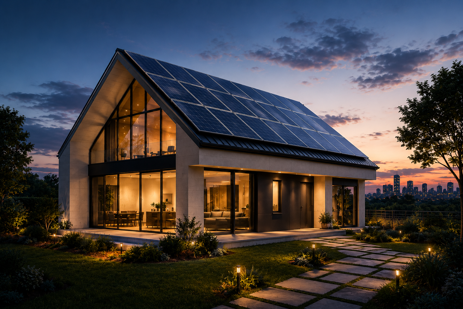 Casa moderna con paneles solares al atardecer